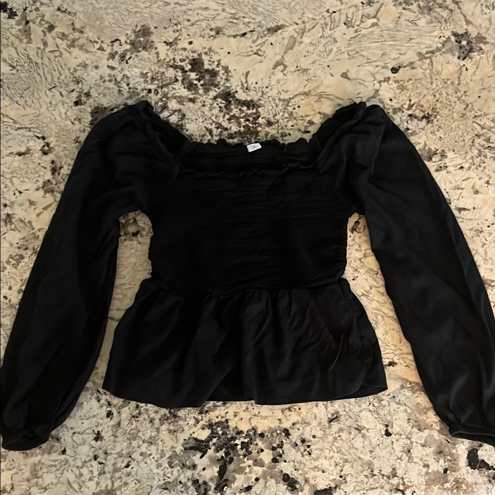 Black Smocked Peplum Long Sleeve Blouse